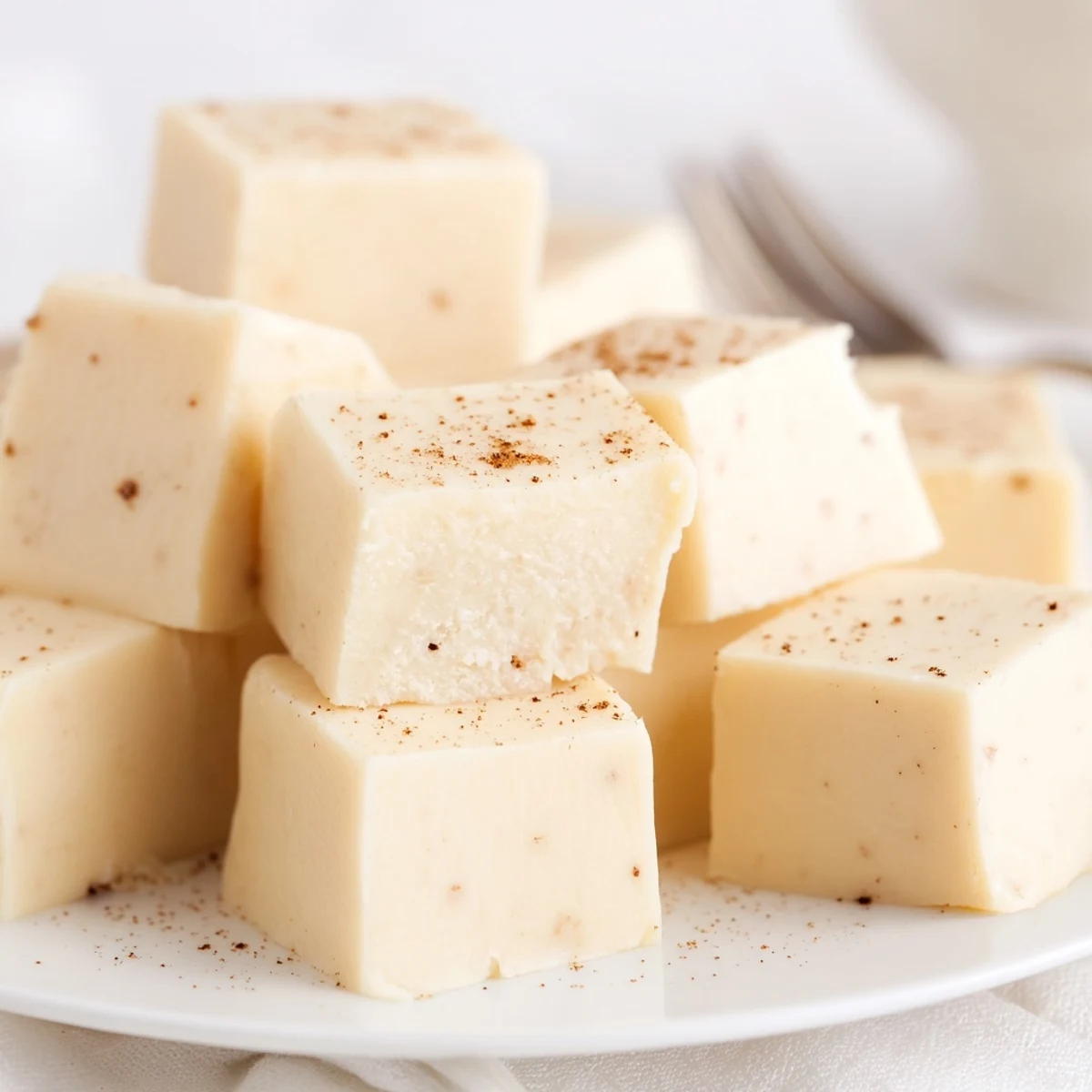 Close-up of sliced Eggnog Fudge revealing smooth white chocolate, nutmeg aroma