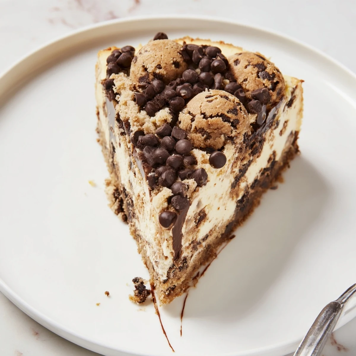 Slice of Chocolate Chip Cookie Dough Cheesecake showing creamy layers and cookie dough pockets