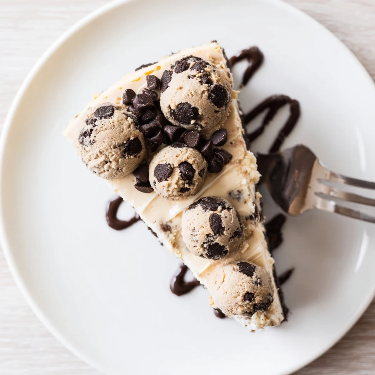 Whole Chocolate Chip Cookie Dough Cheesecake chilled on counter, topped with mini chocolate chips