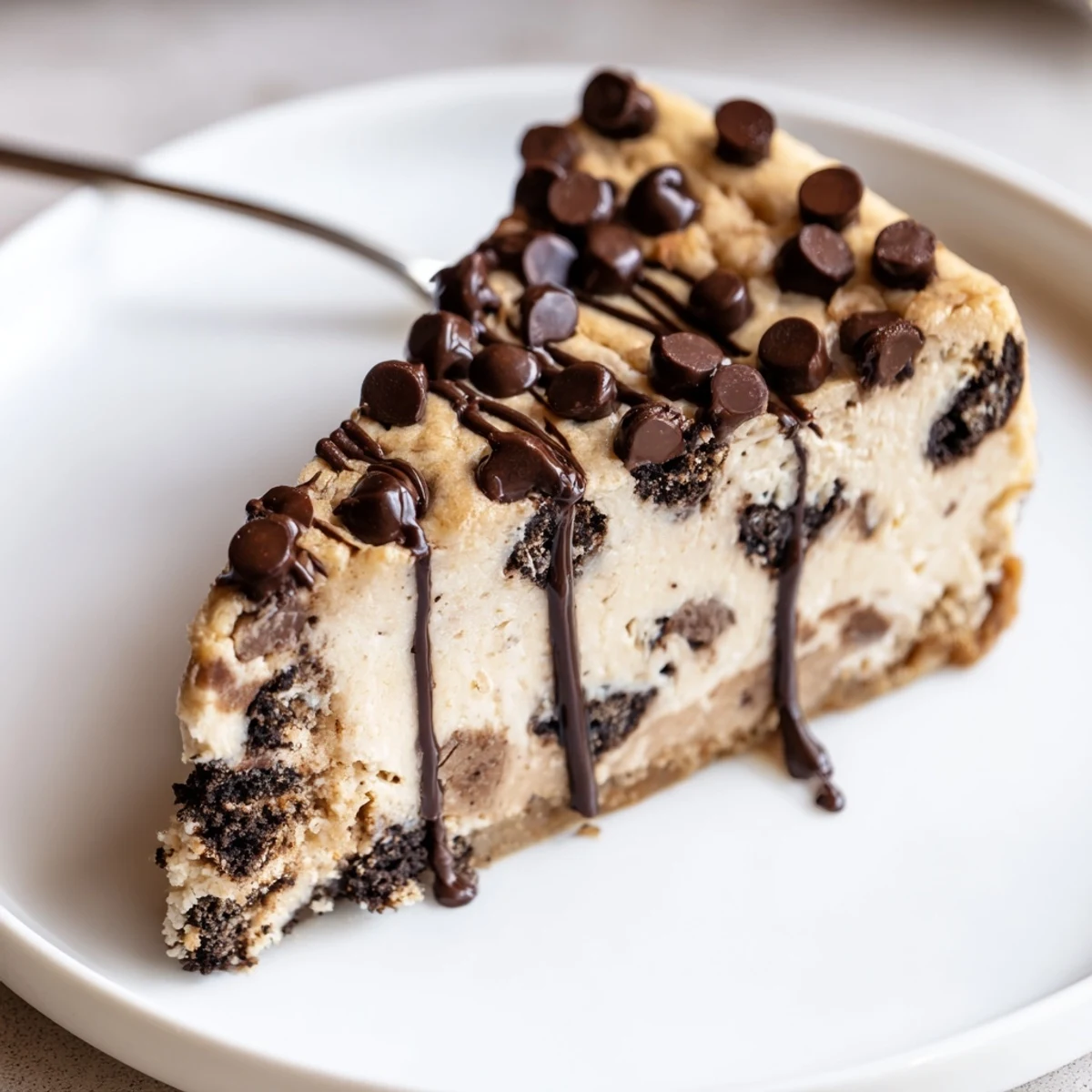 Close up bite of Chocolate Chip Cookie Dough Cheesecake, creamy filling and chewy dough