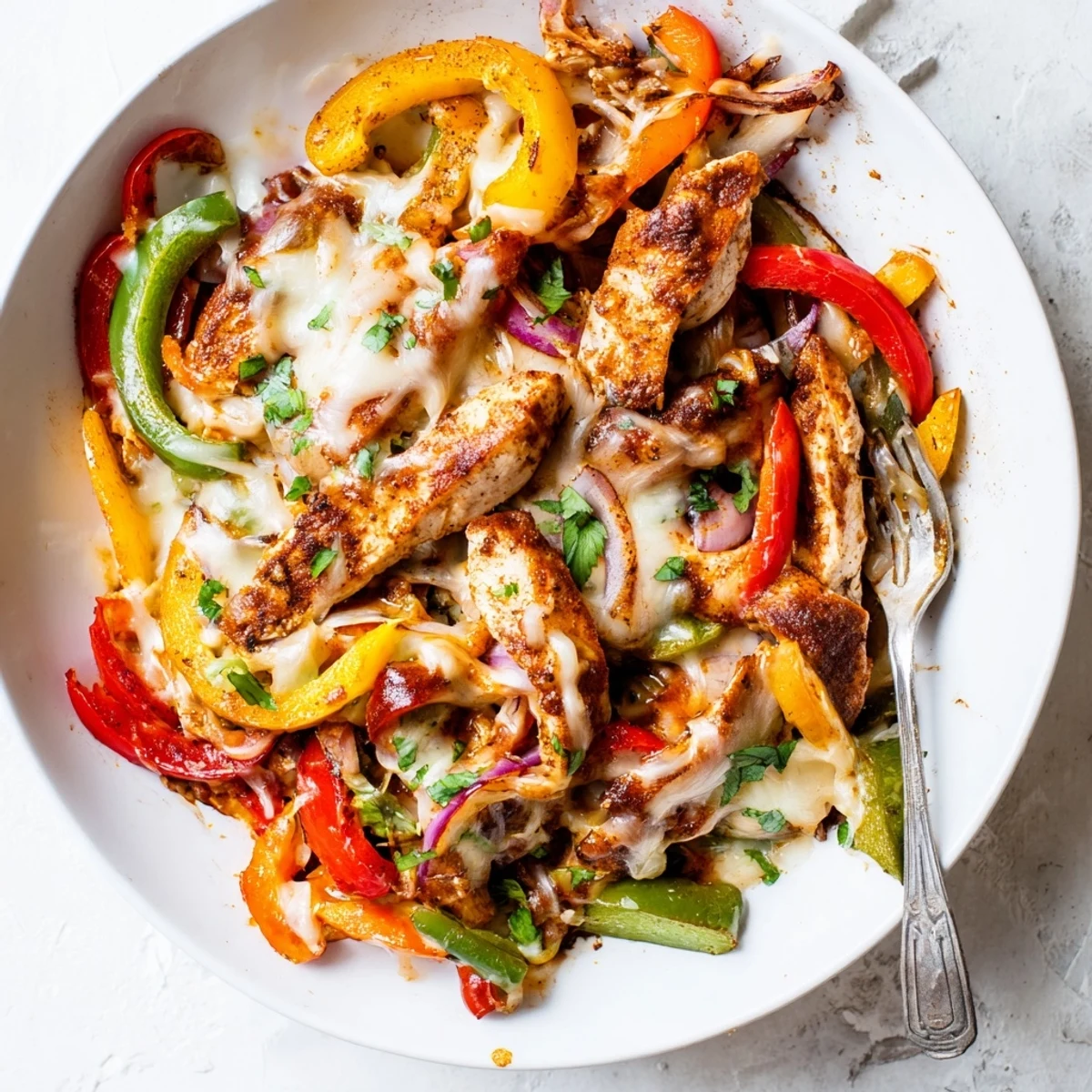Cheesy Baja Chicken Bell Pepper Skillet with melted Monterey Jack, sizzling colorful peppers