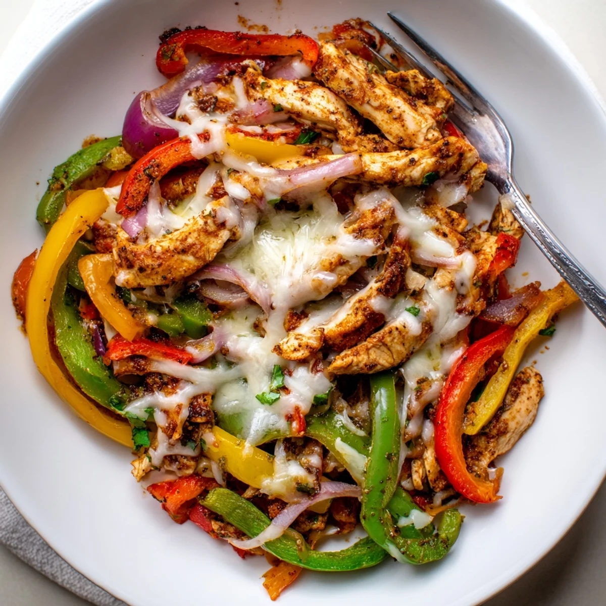 Sizzling, juicy Cheesy Baja Chicken Bell Pepper Skillet served with a lime wedge