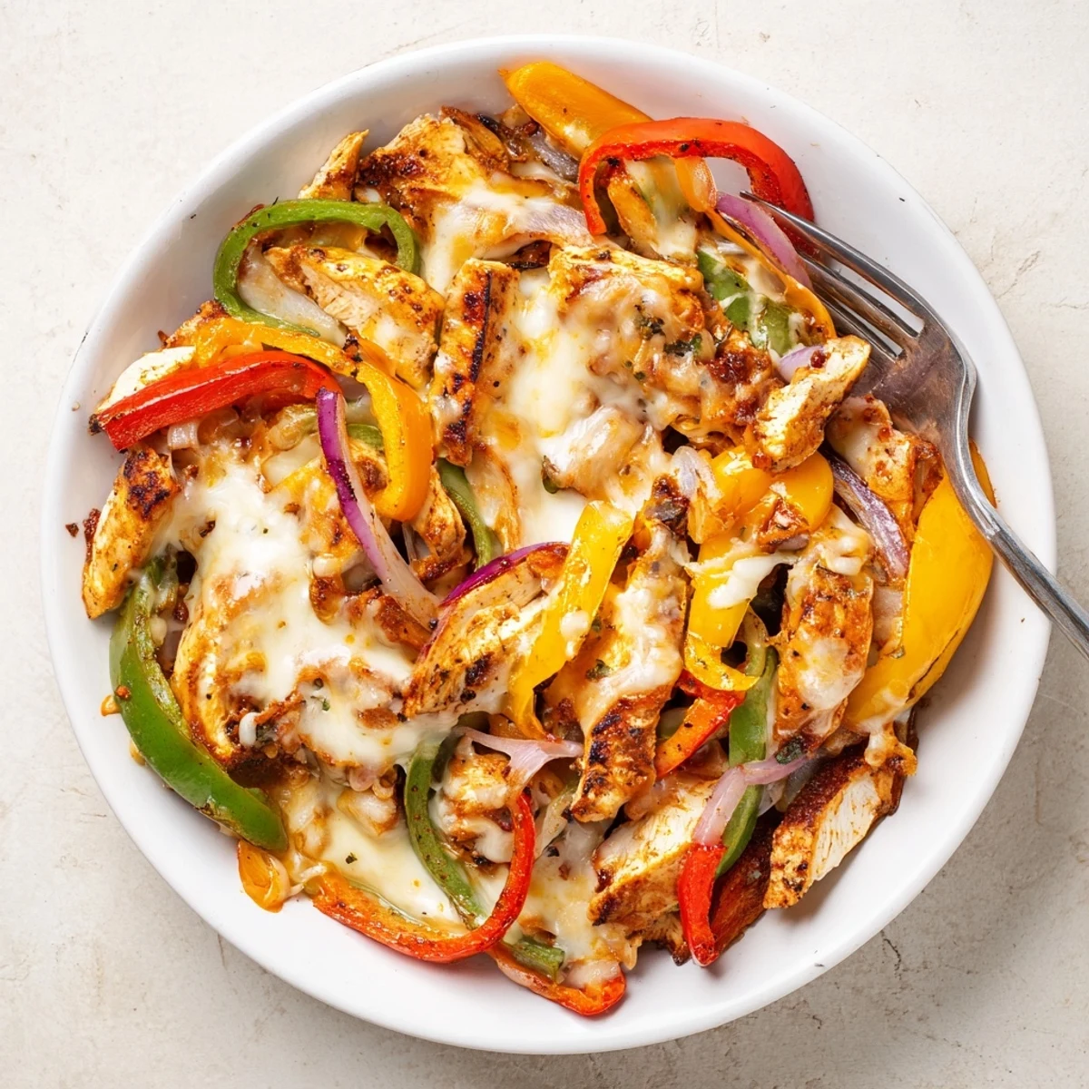Gooey cheese over colorful peppers and chicken in Cheesy Baja Chicken Bell Pepper Skillet