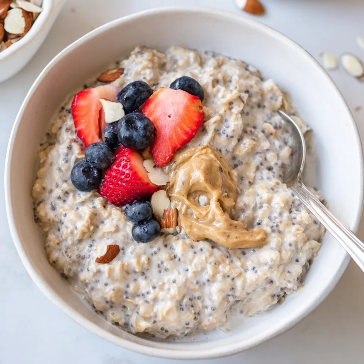 Protein Overnight Oats topped with berries and nuts, chilled creamy texture.