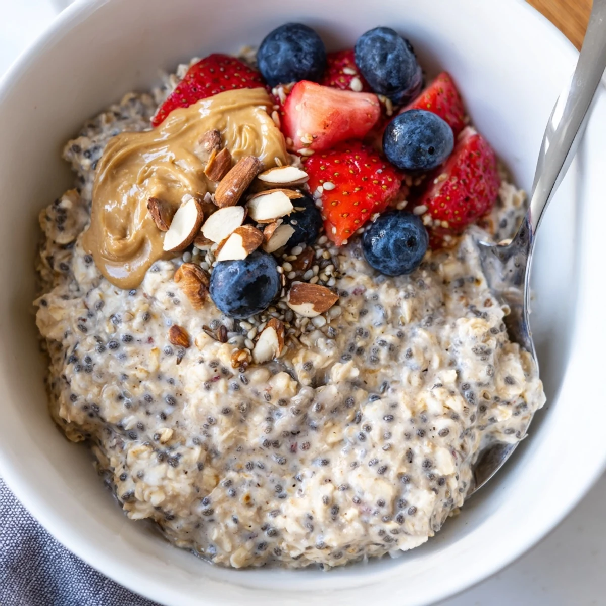Mason jar Protein Overnight Oats, vanilla scented, spoon ready chilled breakfast.