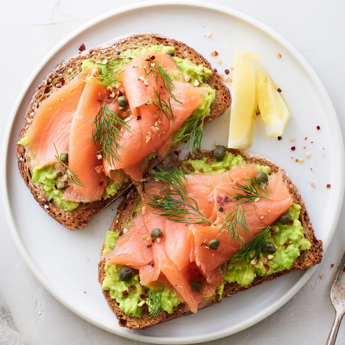 Salmon Avocado Toast on golden sourdough, creamy avocado, silky smoked salmon.