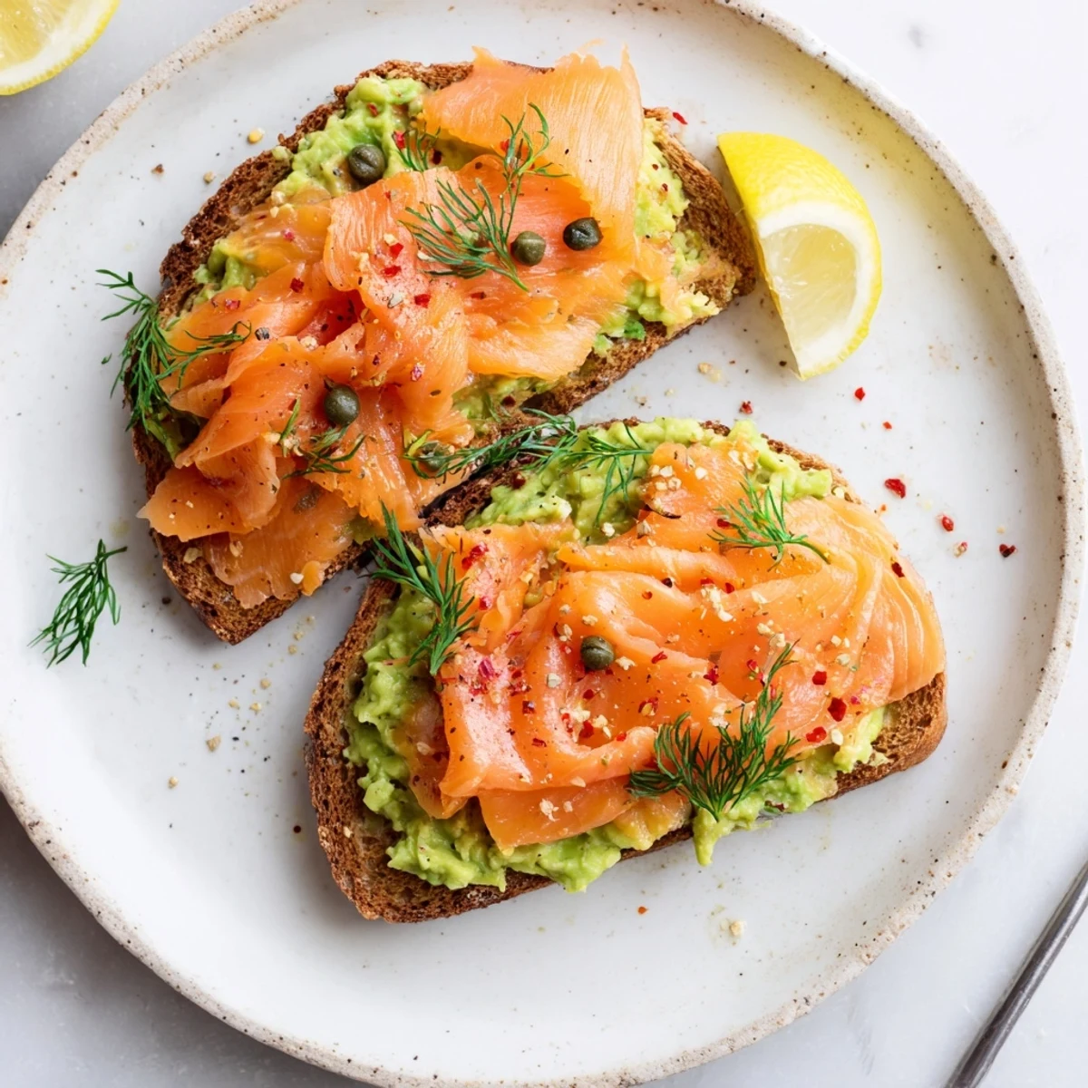 Hearty Salmon Avocado Toast topped with poached egg, cracked pepper, tangy lemon.