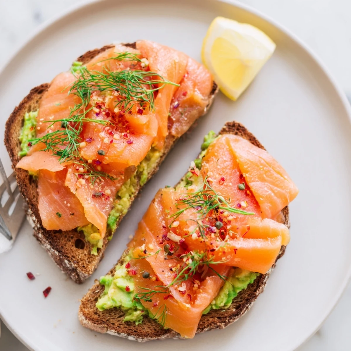 Open-faced Salmon Avocado Toast garnished with dill, capers, bright lemon wedge.
