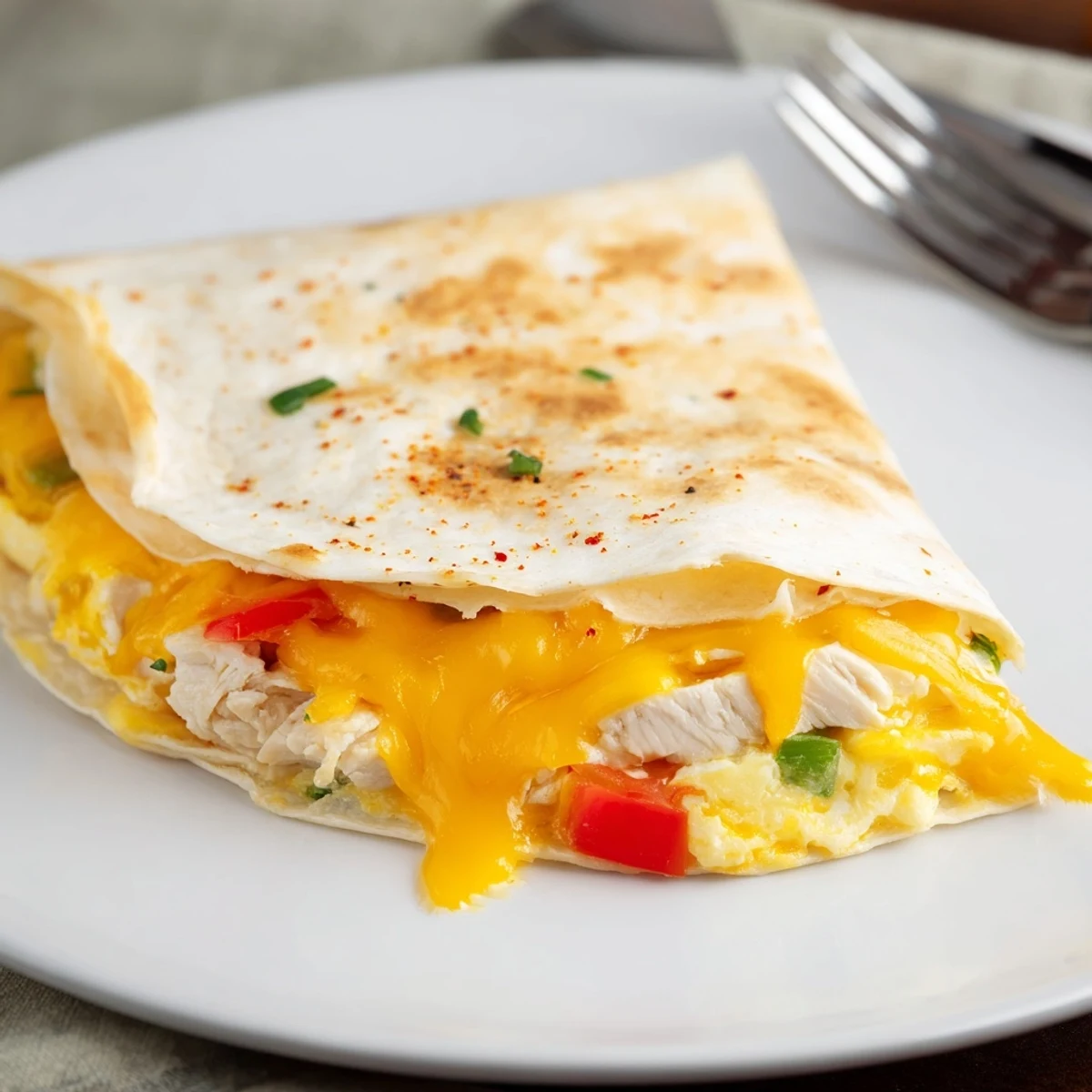 Golden, crispy Chicken Breakfast Quesadilla filled with melty cheese and eggs