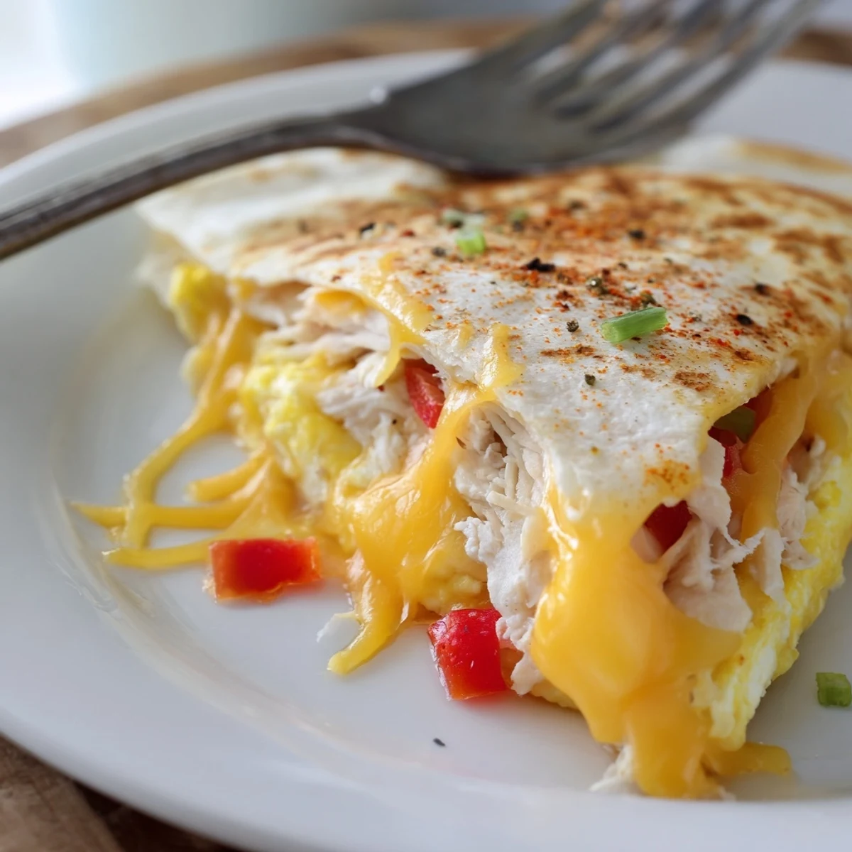 Sliced Chicken Breakfast Quesadilla showing tender chicken, scrambled eggs, vibrant peppers