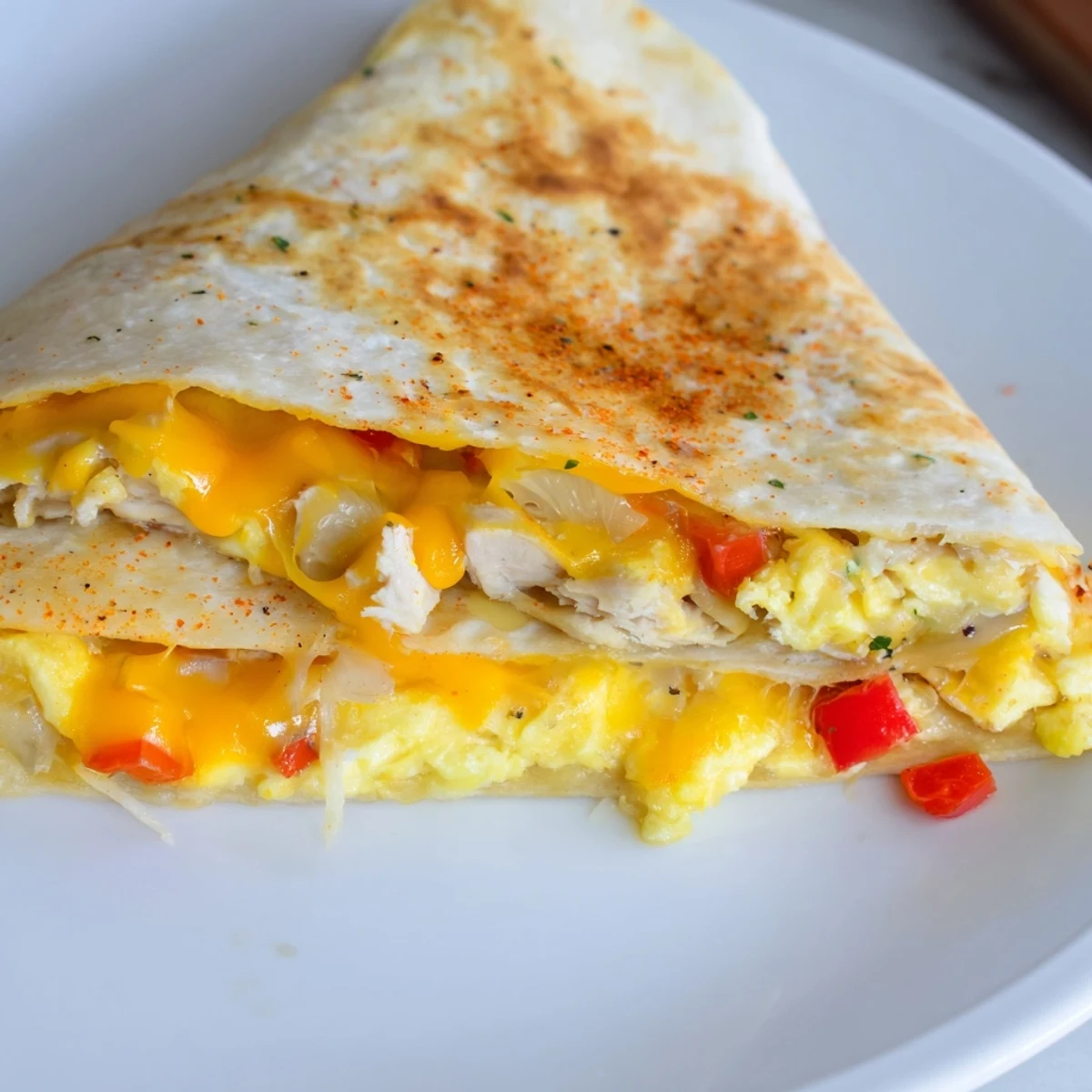 Hearty Chicken Breakfast Quesadilla served hot with sour cream or spicy salsa