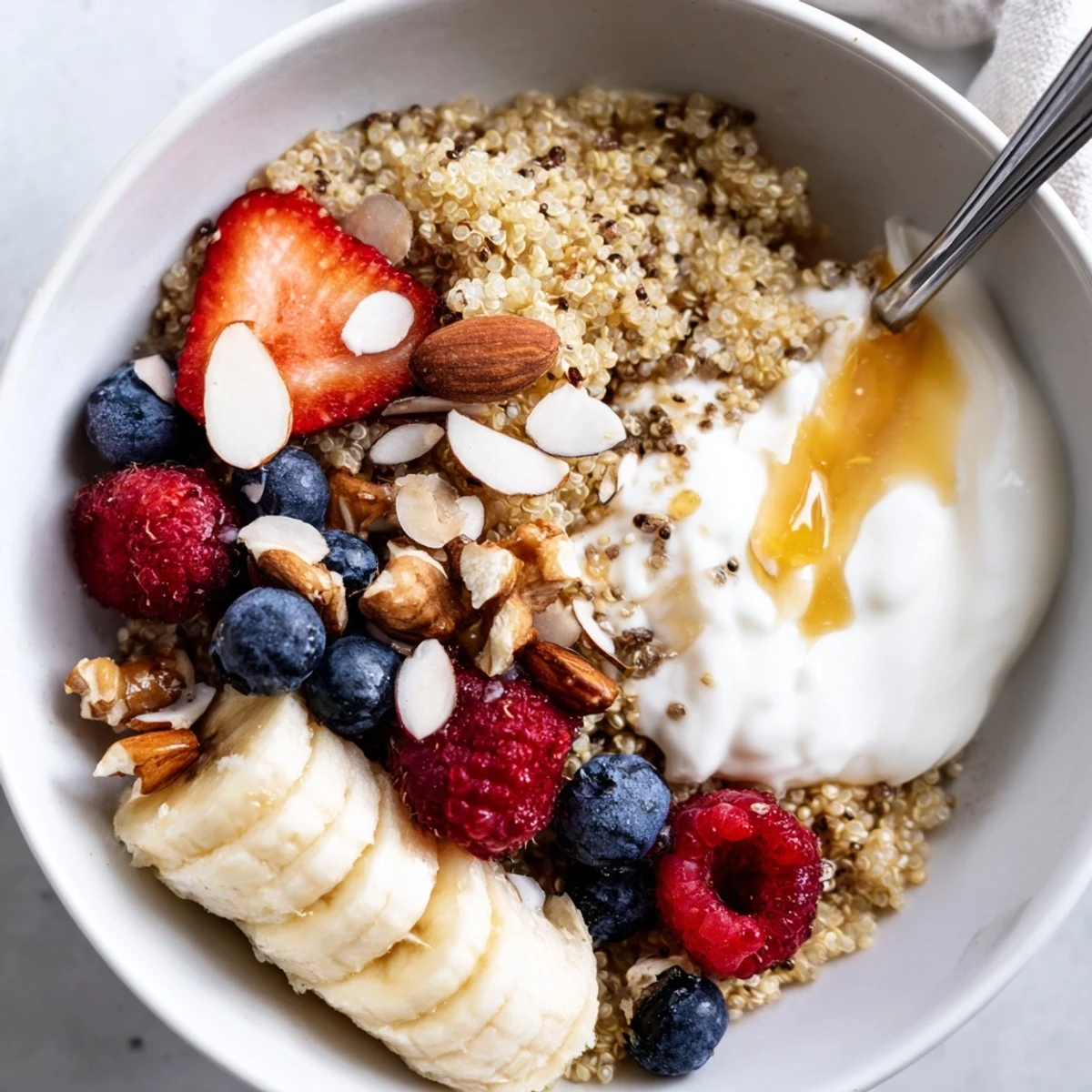 Fluffy grains in a Quinoa Breakfast Bowl with sliced banana and crunchy nuts