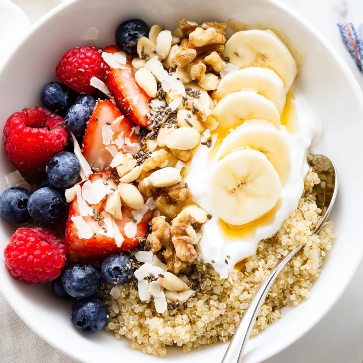 Spoon-ready Quinoa Breakfast Bowl with chilled yogurt, tart berries, coconut flakes