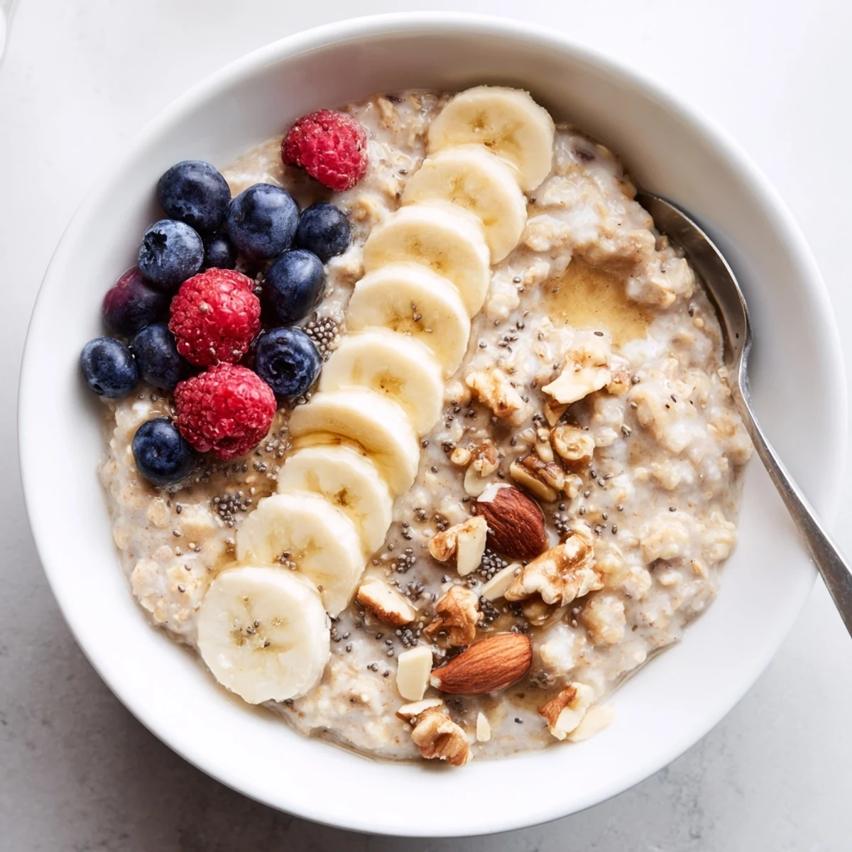 Creamy steaming Protein Oatmeal topped with banana, nuts, chia, and berries