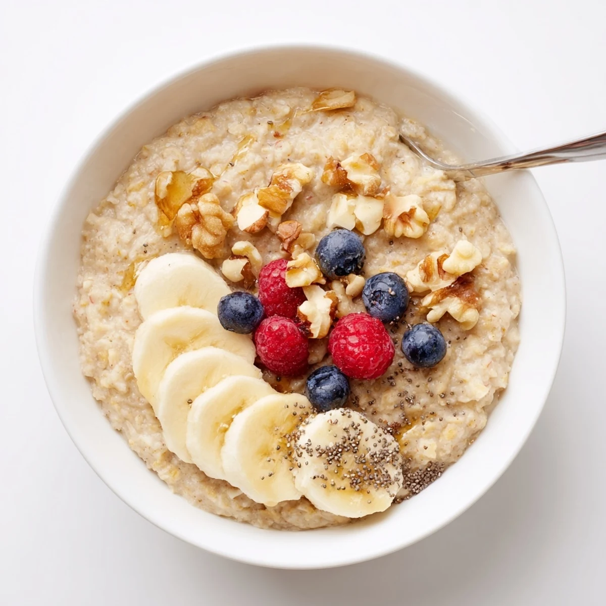 Warm vanilla Protein Oatmeal swirled with maple, served in rustic bowl