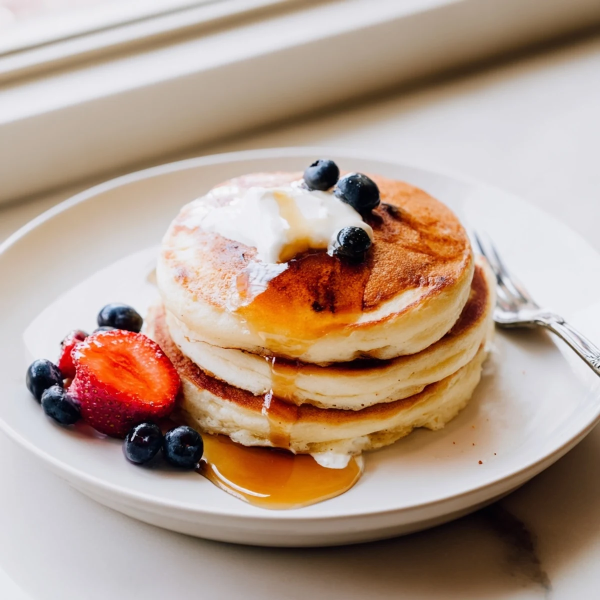 Cottage Cheese Pancakes stacked golden, fluffy centers topped with fresh berries