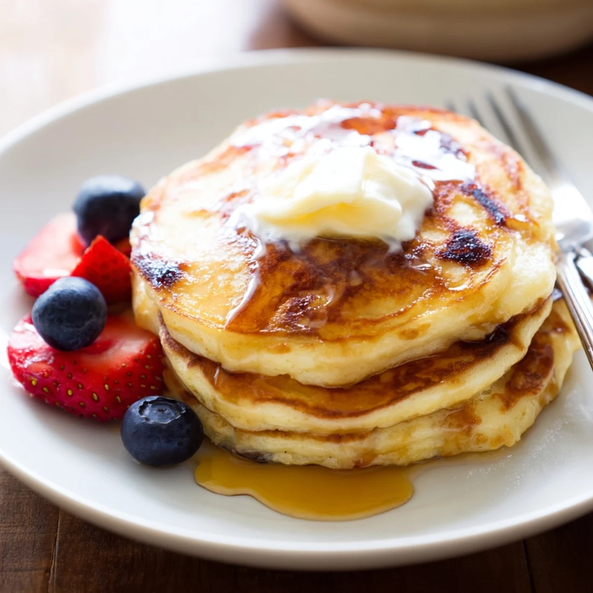 Light Cottage Cheese Pancakes served with maple syrup and creamy Greek yogurt