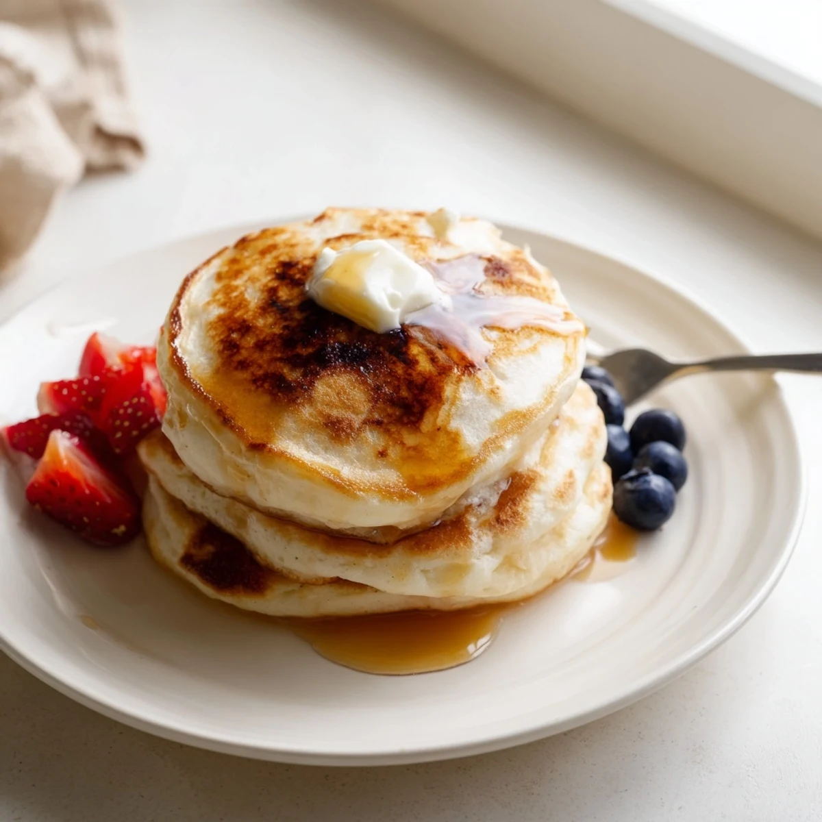 Warm Cottage Cheese Pancakes sizzling on griddle, butter melting around edges