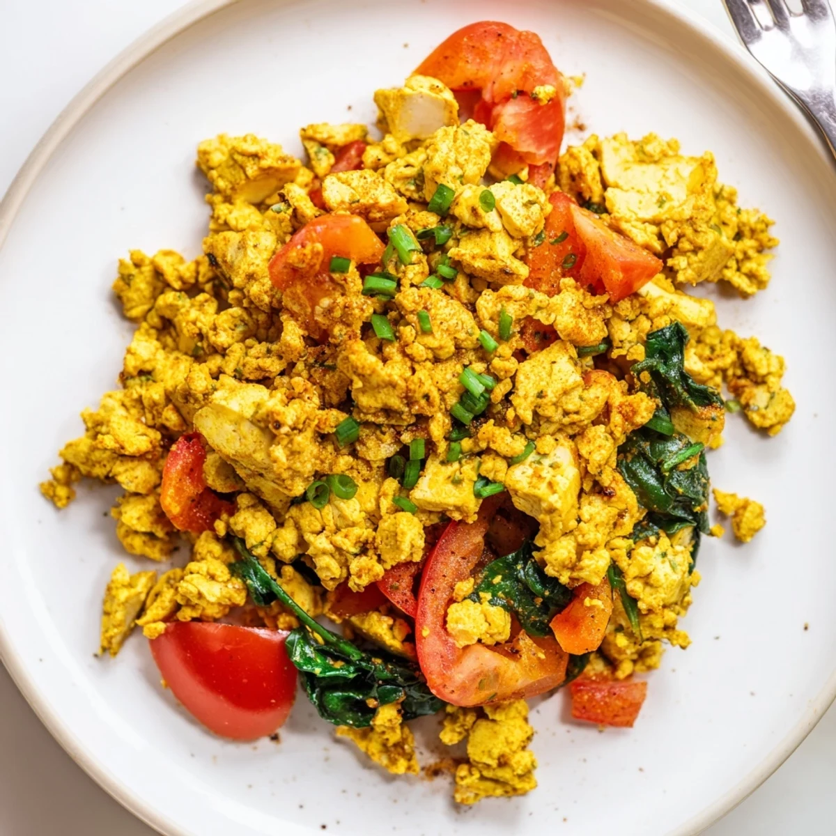 Tofu Scramble sizzling in skillet with turmeric golden curds and wilted spinach