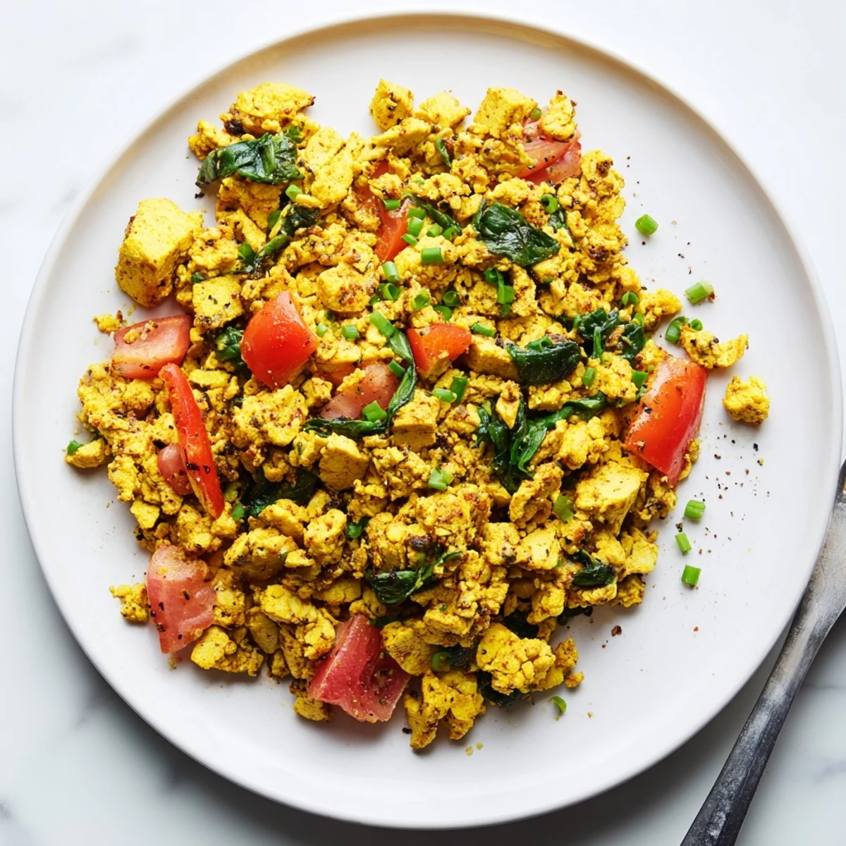 Creamy Tofu Scramble served on toast with avocado and chopped chives