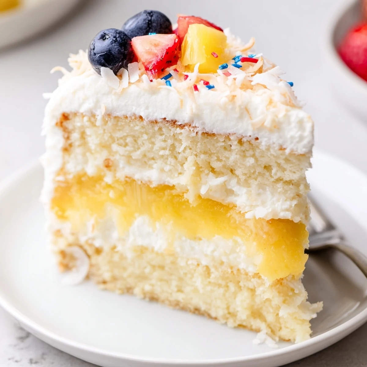 Sliced Pineapple Coconut God Bless America Cake on plate, toasted coconut topping