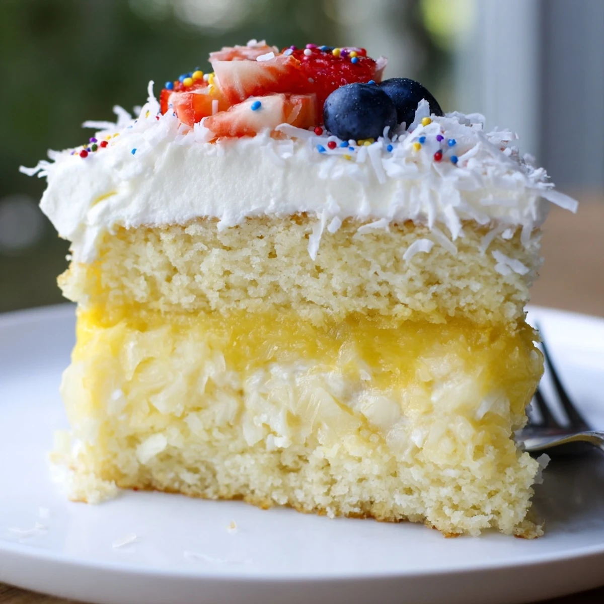 Frosted Pineapple Coconut God Bless America Cake with berry garnish, creamy frosting