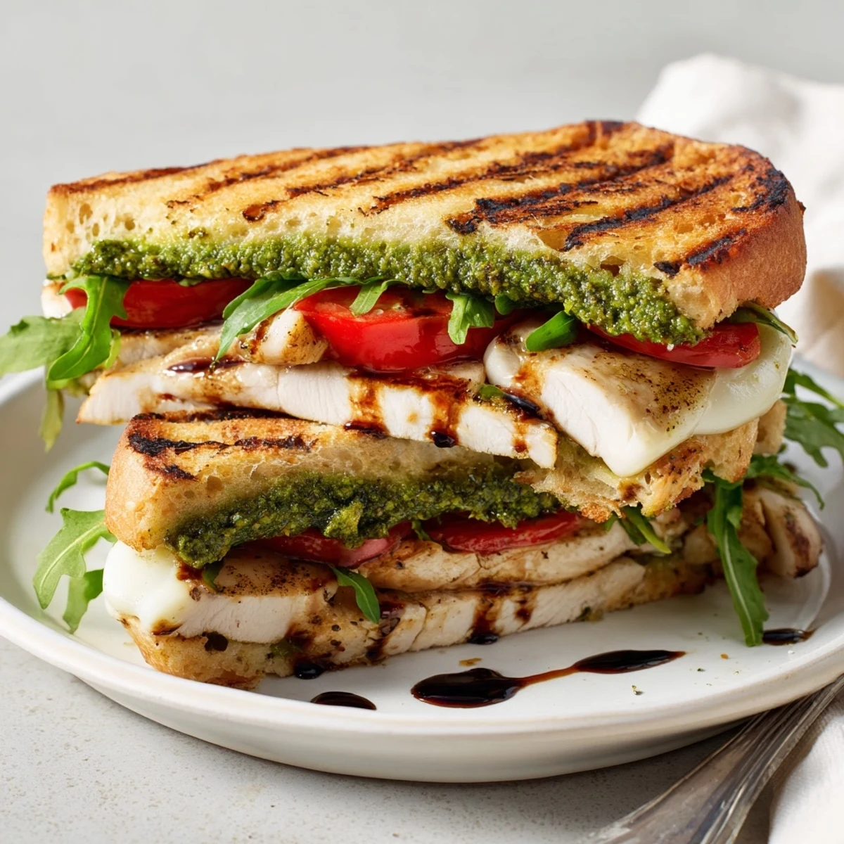 Grilled Chicken Pesto Sandwich with melted mozzarella, charred chicken, fresh basil aroma  