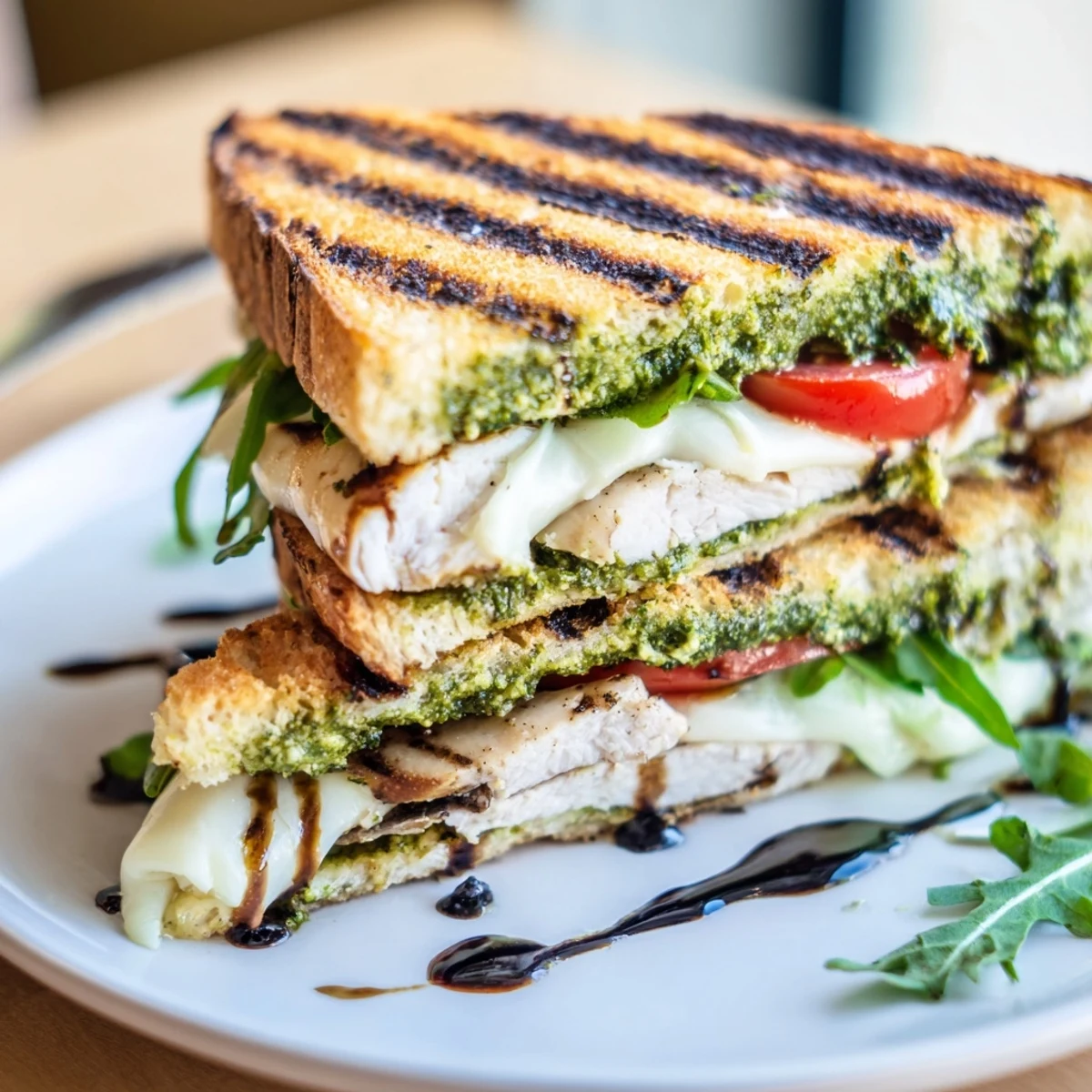 Handheld Grilled Chicken Pesto Sandwich drizzled with balsamic glaze and juicy cutlets