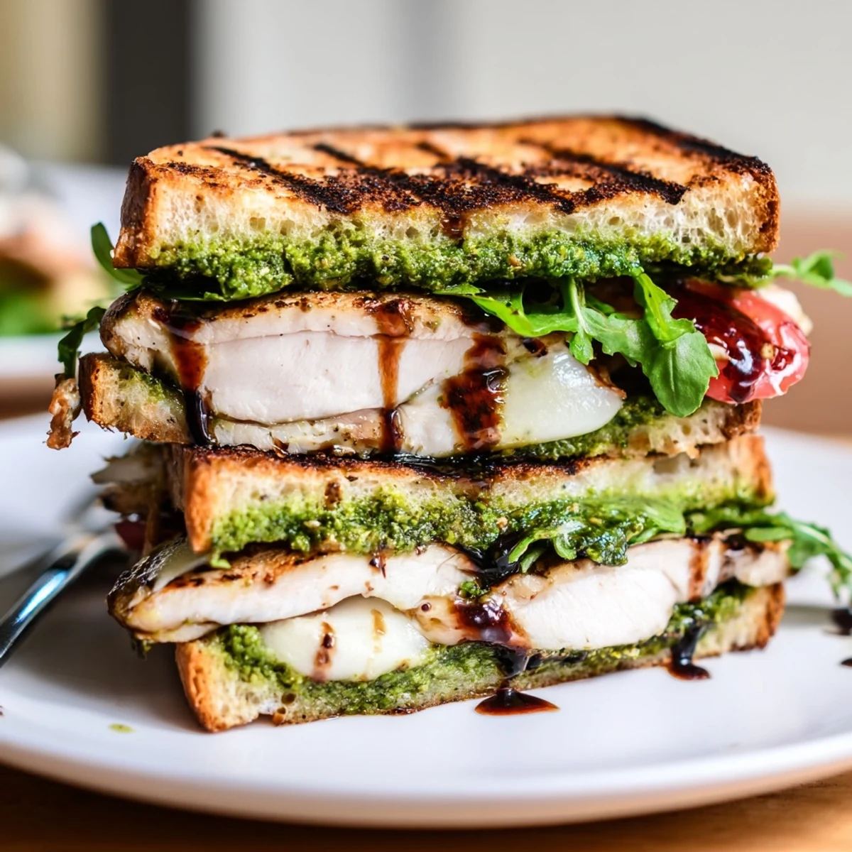 Toasted ciabatta hugging a Grilled Chicken Pesto Sandwich topped with peppery arugula  