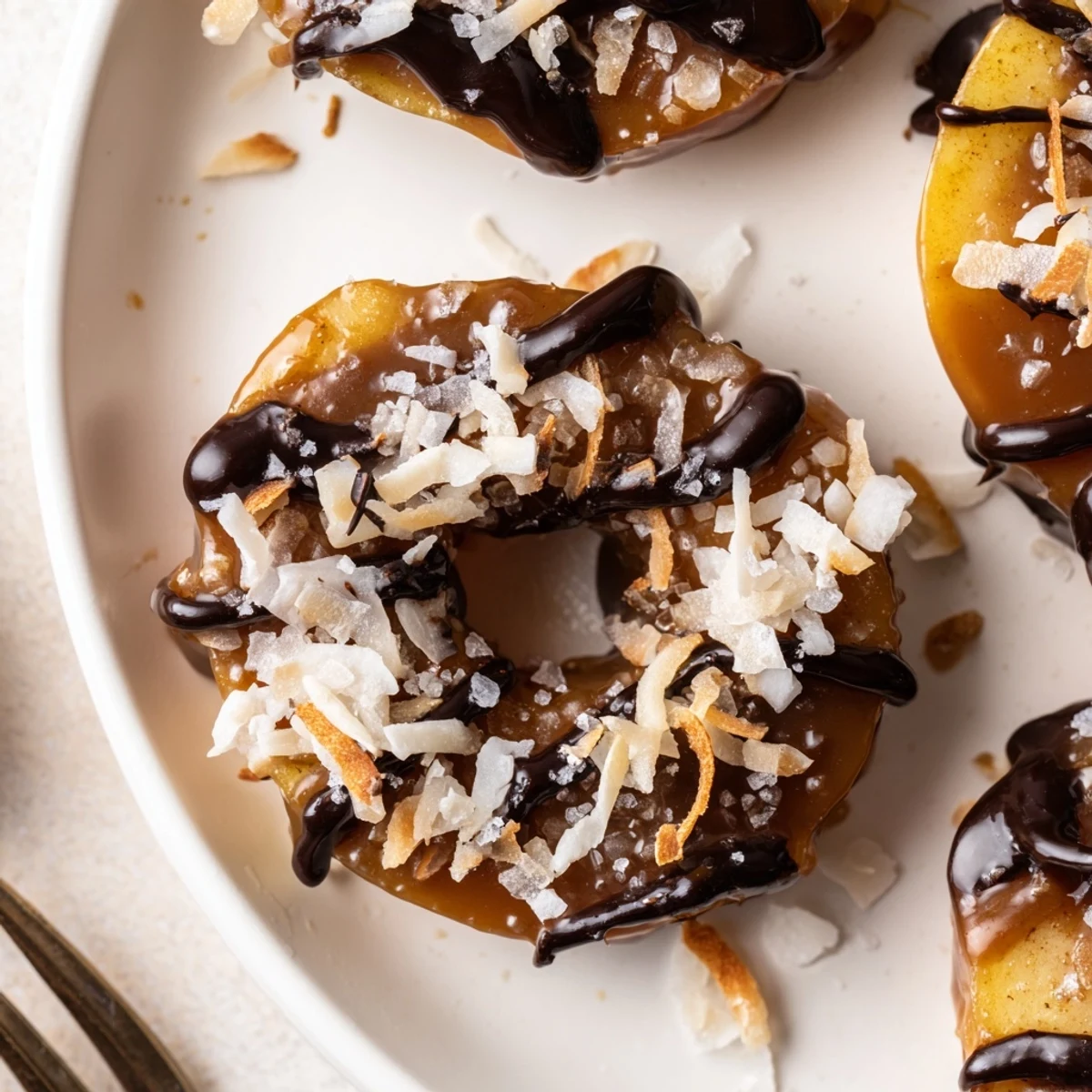 Bright Samoa Apple Slices topped with toasted coconut, chocolate drizzle, perfect party snack