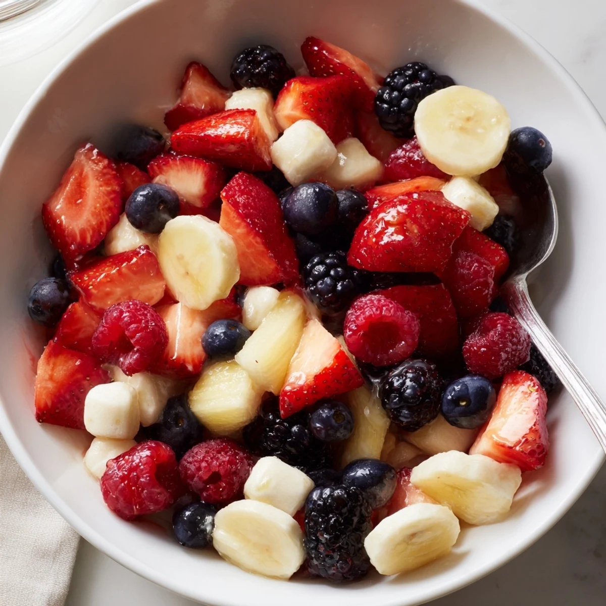 Red White And Blue Fruit Salad with juicy berries, pineapple, and lime drizzle