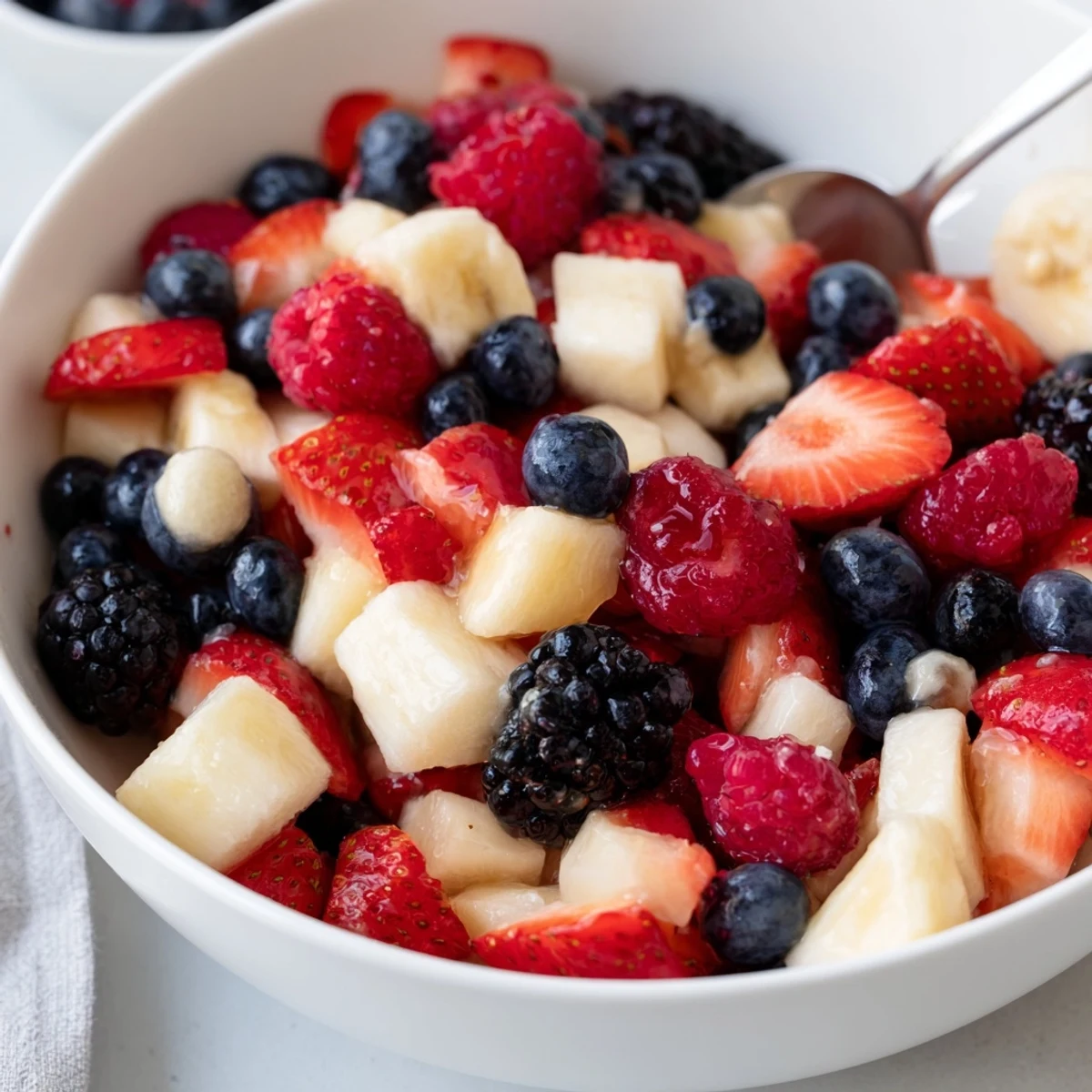 Chilled Red White And Blue Fruit Salad topped with mini marshmallows and mint
