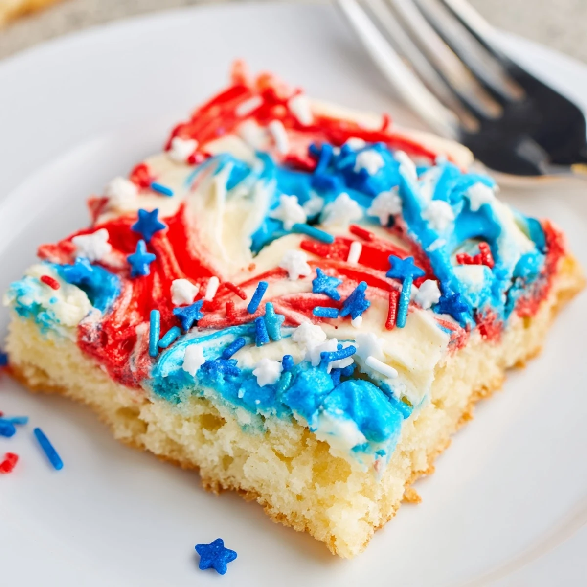 Freshly cooled Patriotic Sugar Cookie Bars sliced into squares for picnic dessert.