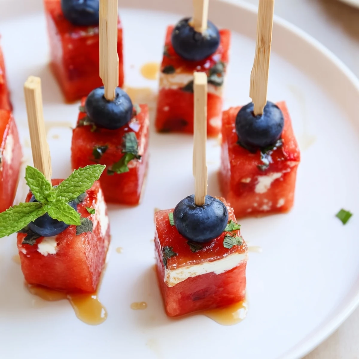 Patriotic Watermelon Feta Skewers arranged on a chilled platter, juicy and creamy