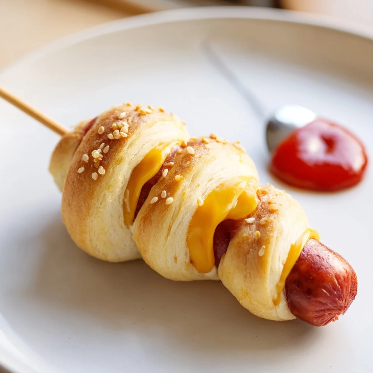Golden baked Firecracker Hot Dogs wrapped in buttery crescent dough, served warm