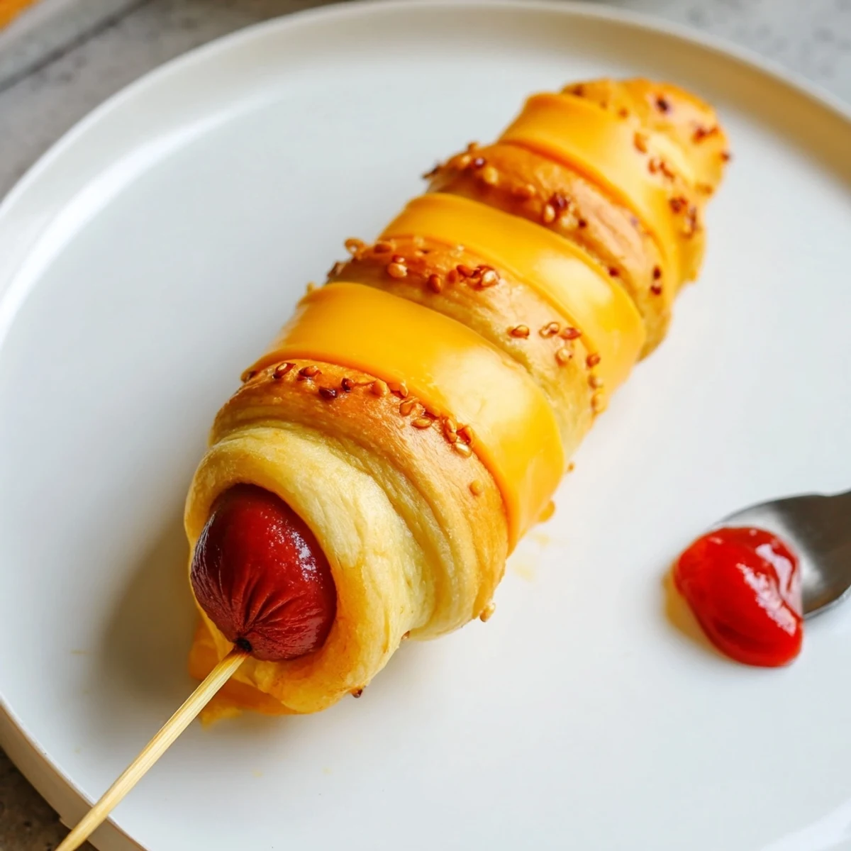 Crispy edges and melted cheddar in Firecracker Hot Dogs with ketchup