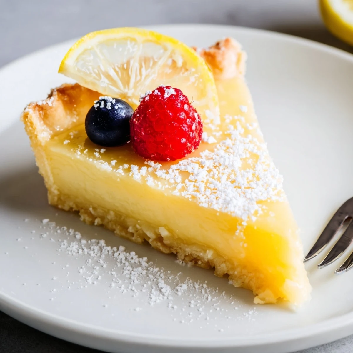 Fork-ready slice of Creamy Lemon Tart Recipe, tangy filling, crisp golden crust