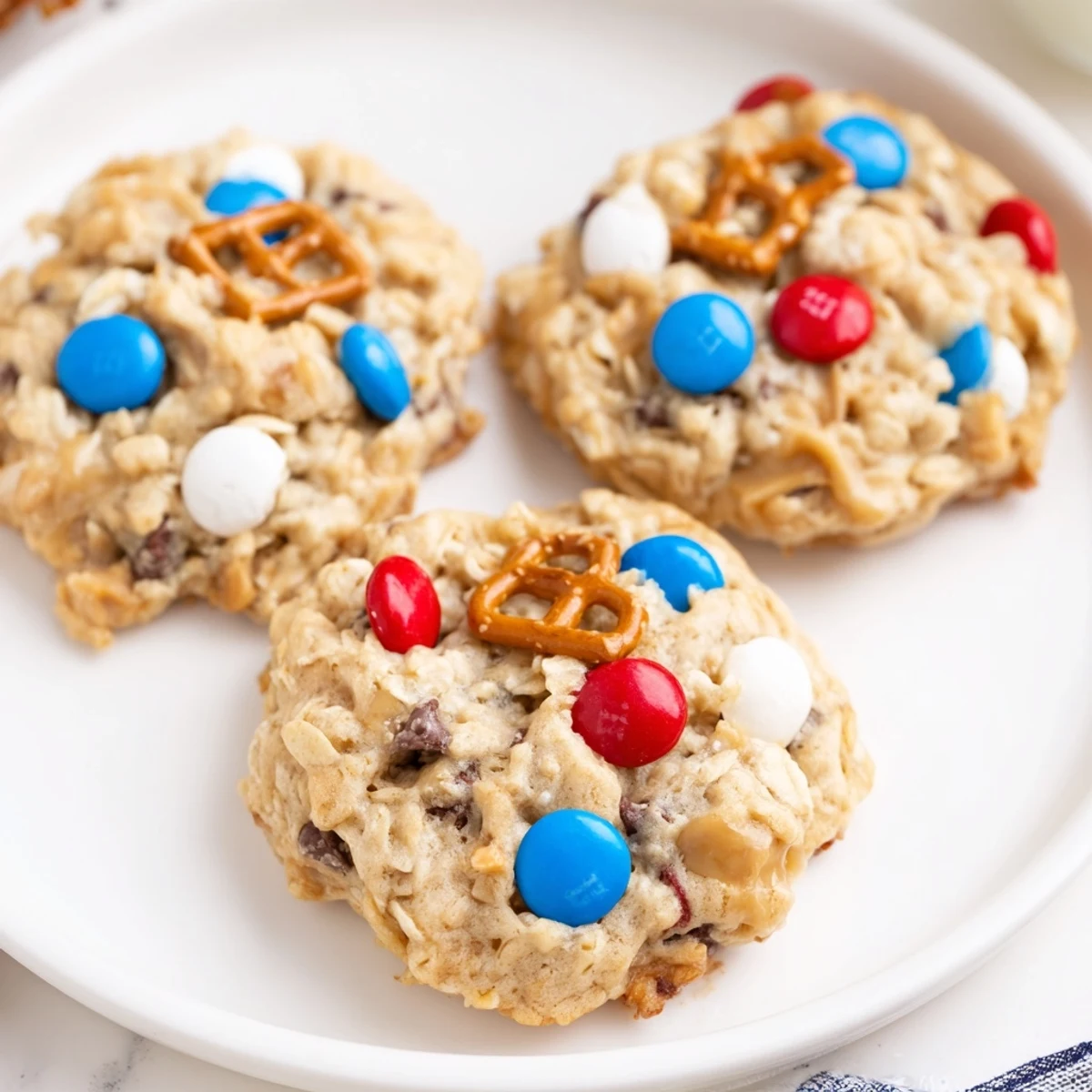 Patriotic Monster Cookies Recipe cooling on wire rack, warm peanut butter aroma