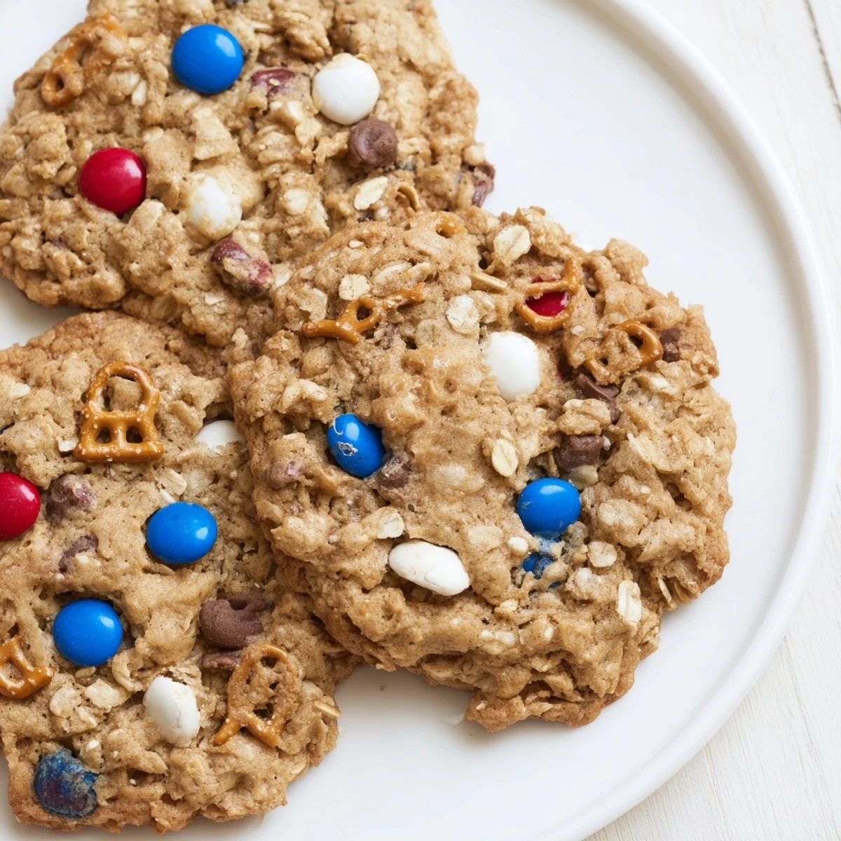 Plate of Patriotic Monster Cookies Recipe stacked, golden edges, served with milk