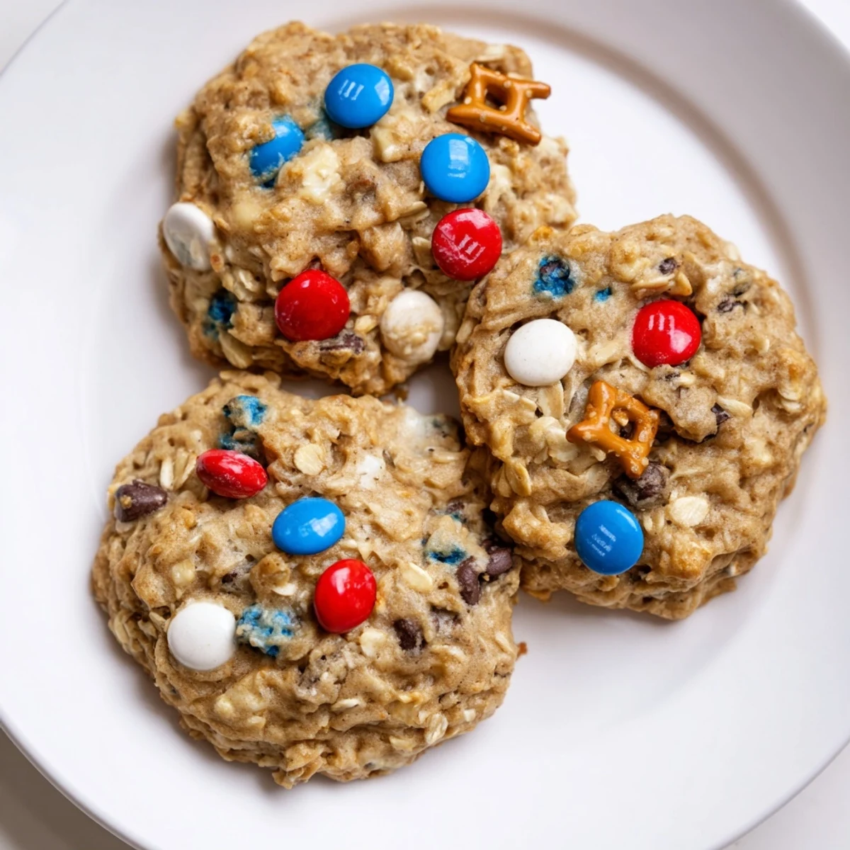 Fresh baked Patriotic Monster Cookies Recipe with chewy centers and colorful candy