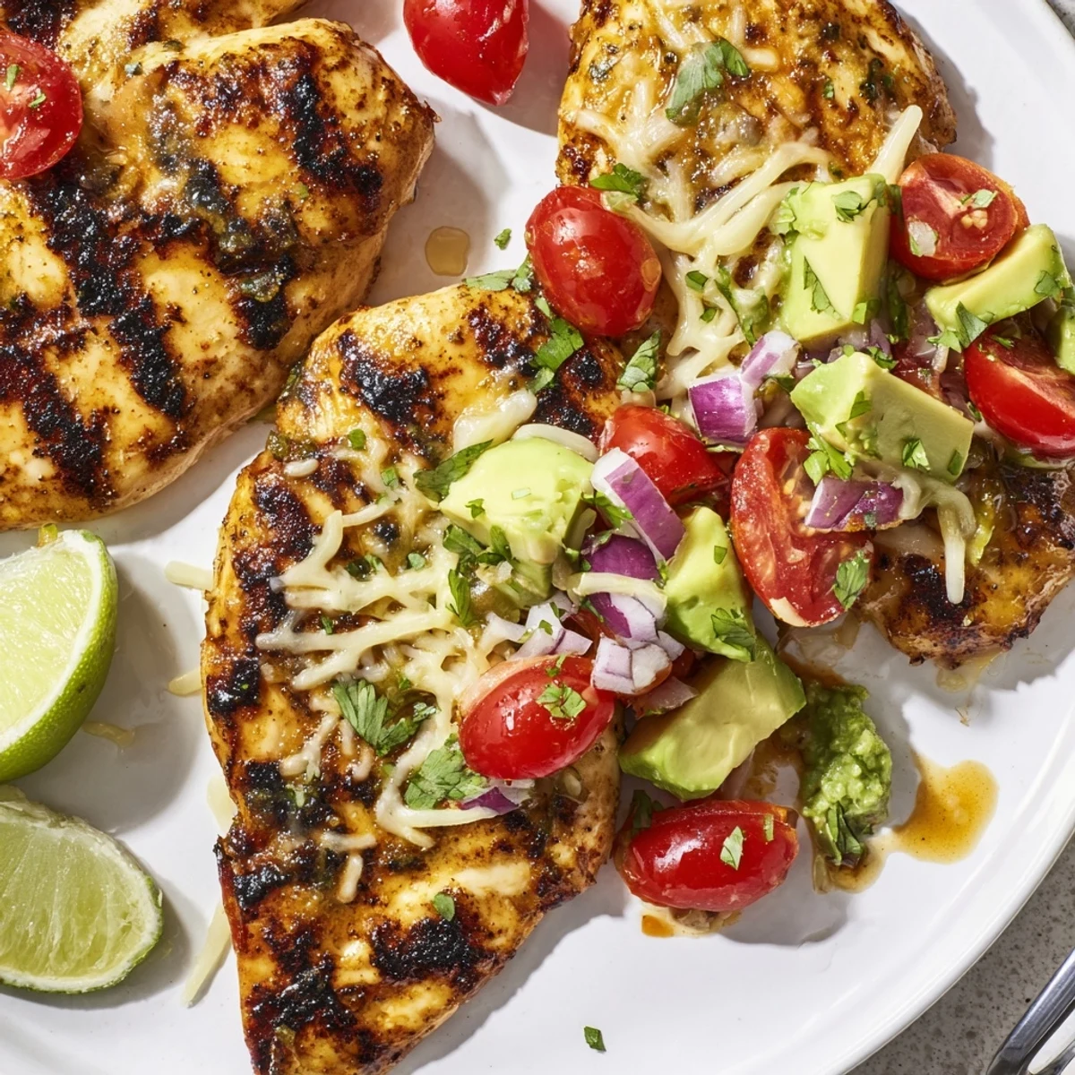 Grilled Fiesta Lime Chicken With Avocado served with zesty cilantro-lime salsa  