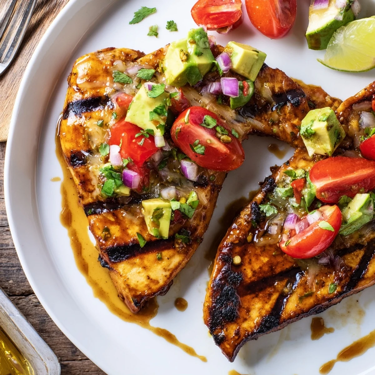 Zesty Fiesta Lime Chicken With Avocado plated with creamy green topping and lime
