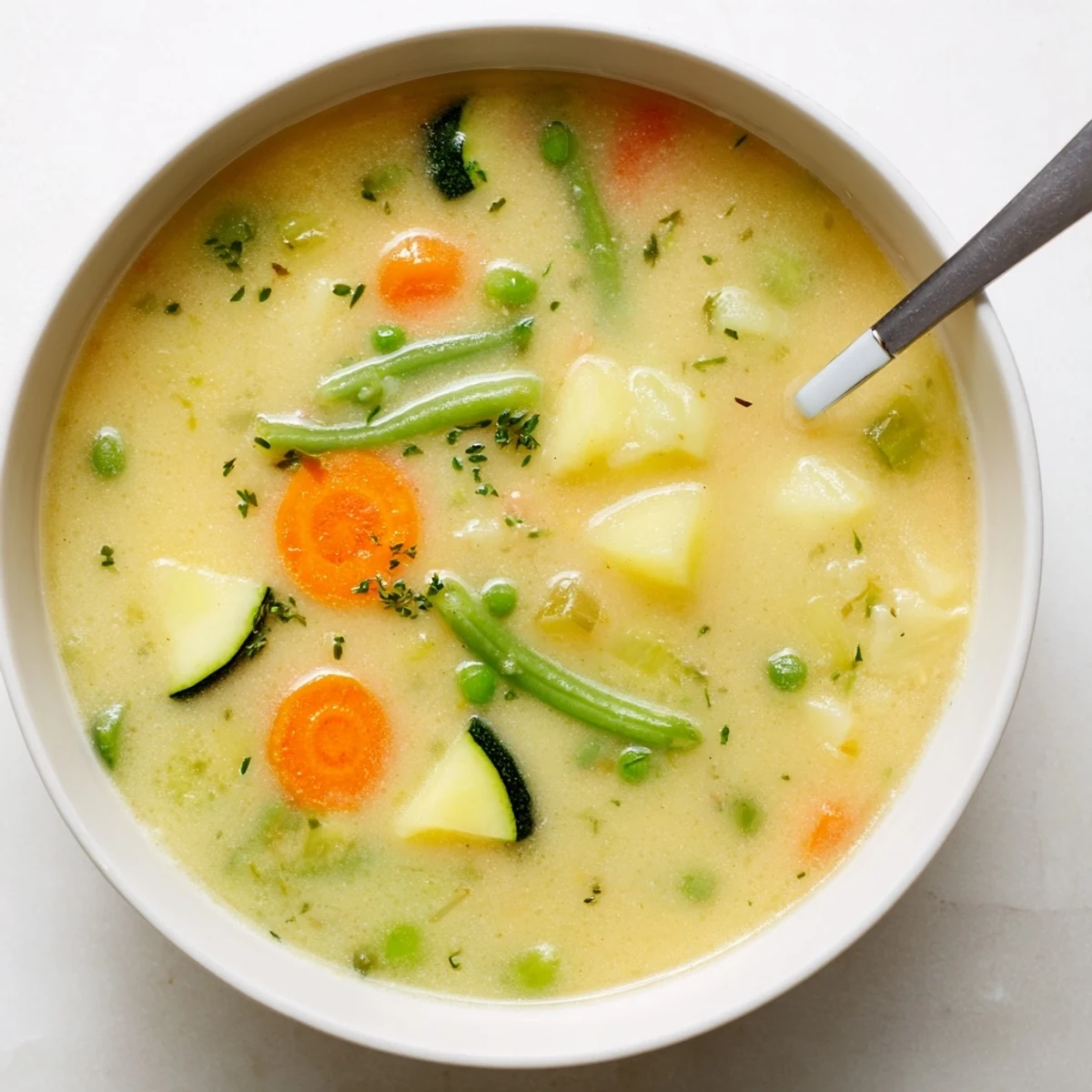 Creamy Vegetable Soup Recipe in white bowl, steaming with silky cream and chives