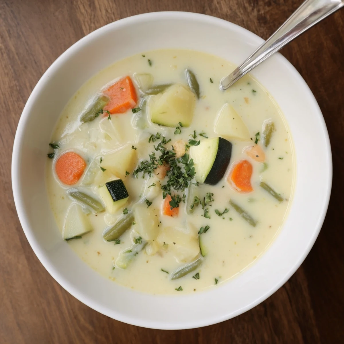 Warm Creamy Vegetable Soup Recipe ladled over crusty bread, vibrant vegetable pieces visible