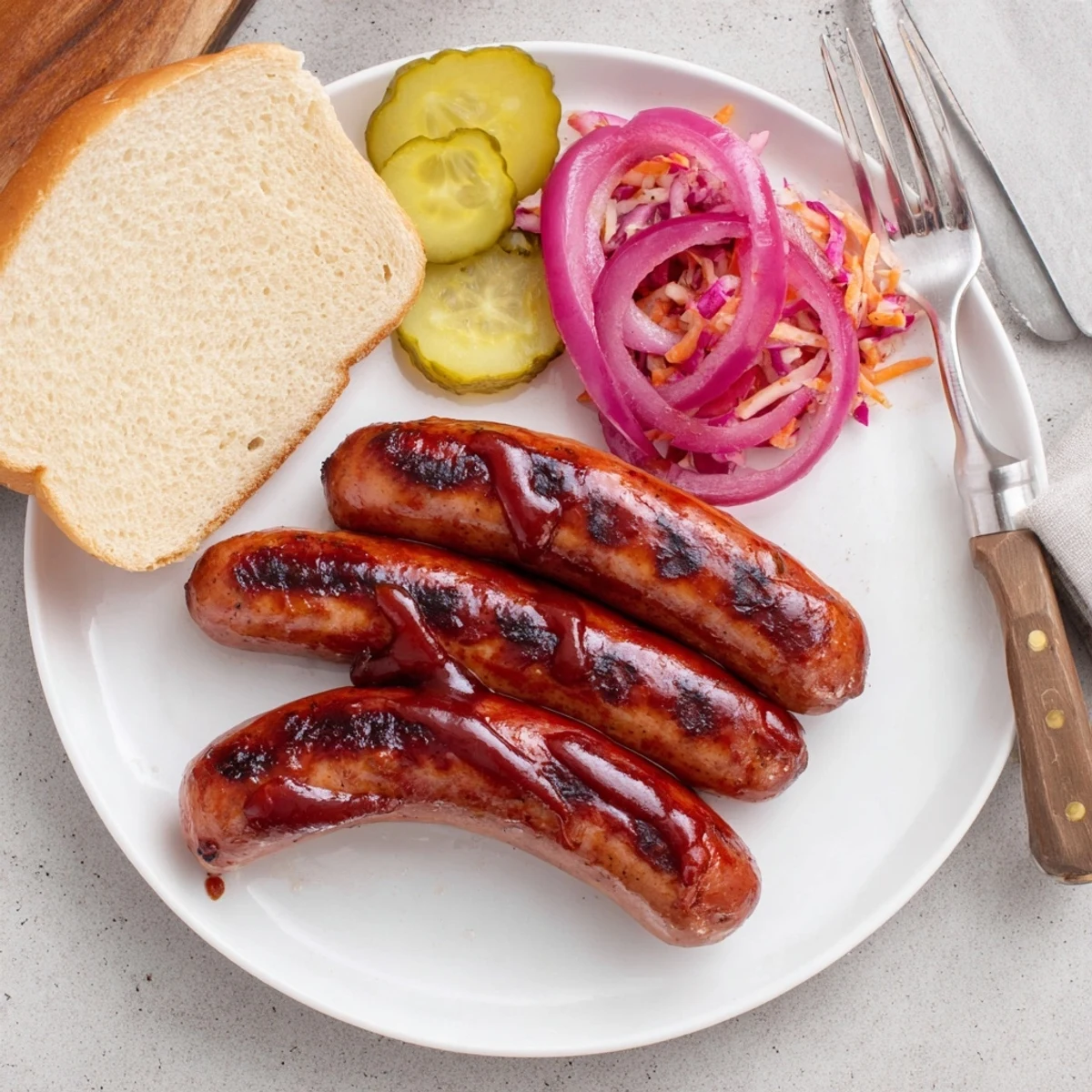 Grilled, caramelized links glazed in tangy BBQ Sausage Recipe, served with buns.