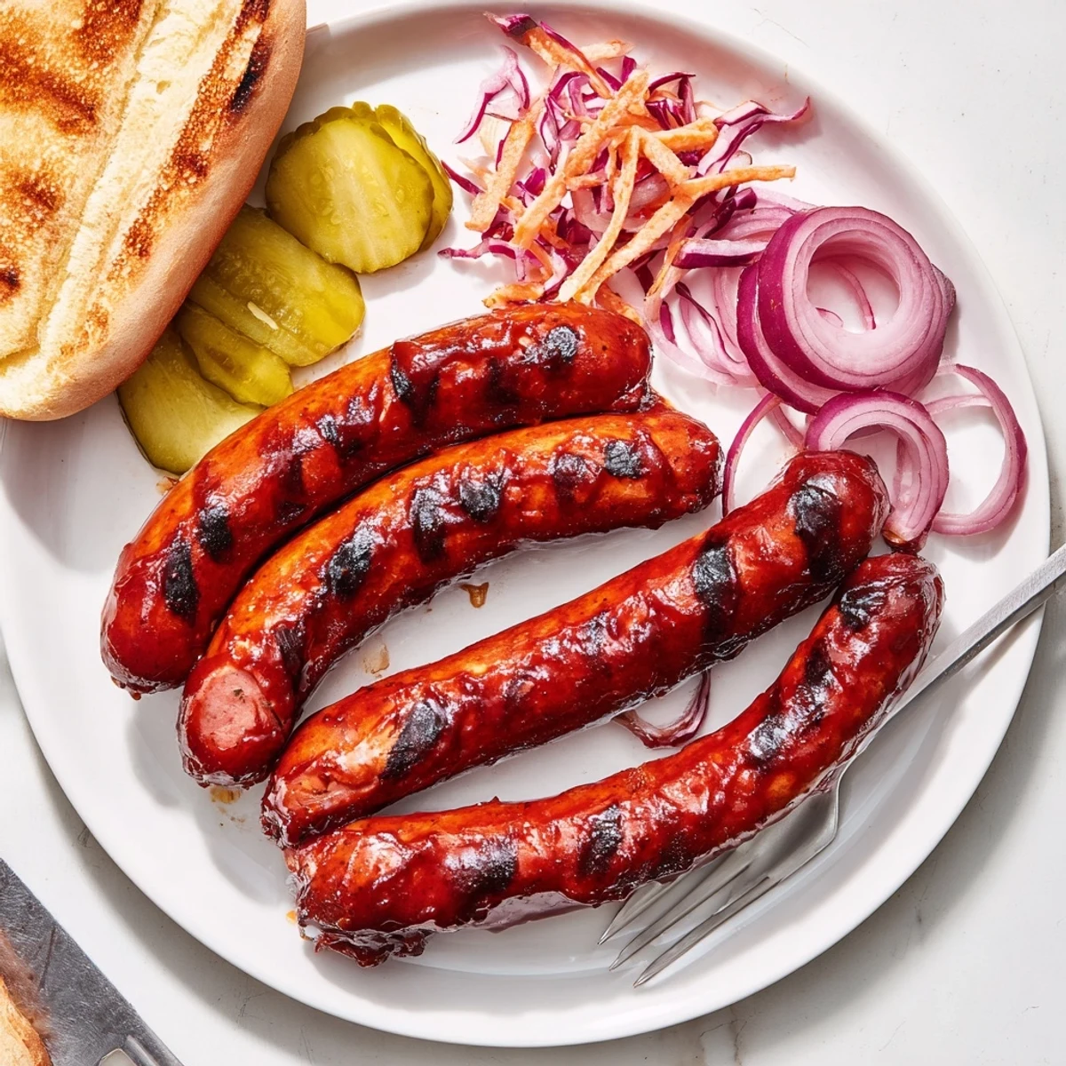 Close-up of smoky BBQ Sausage Recipe on grill, brushed with glossy sauce.