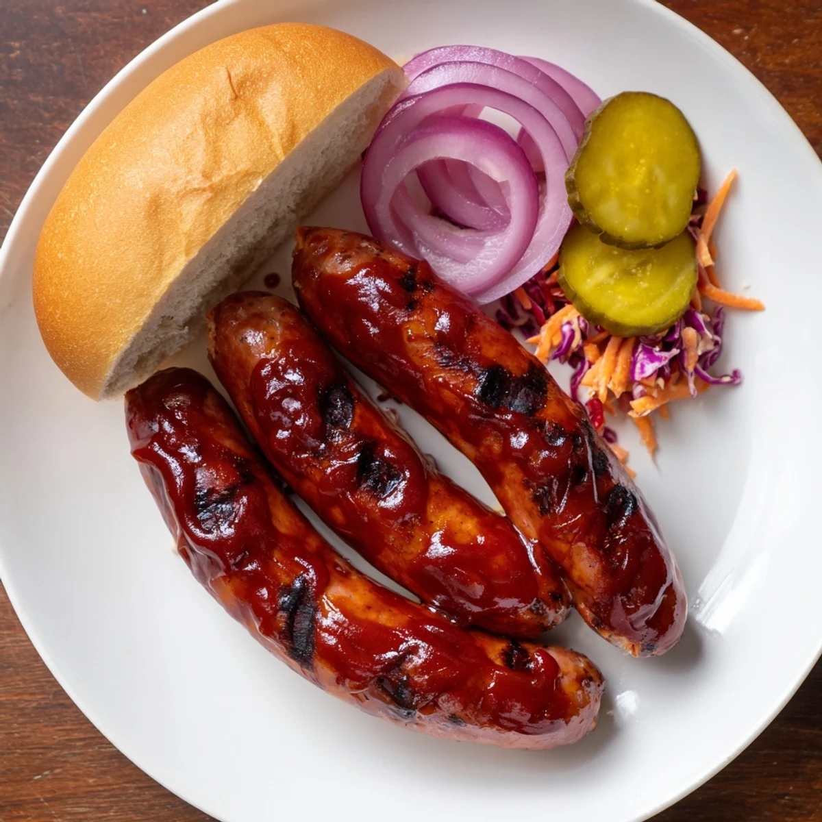 Summer cookout plate featuring BBQ Sausage Recipe with pickles and coleslaw.
