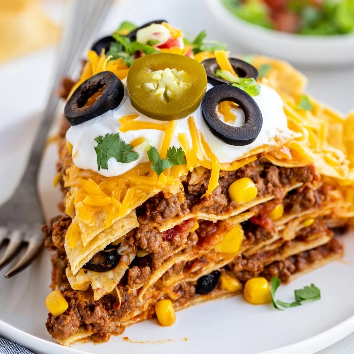 Bubbling casserole of melted cheddar and chips Cheesy Nacho Casserole