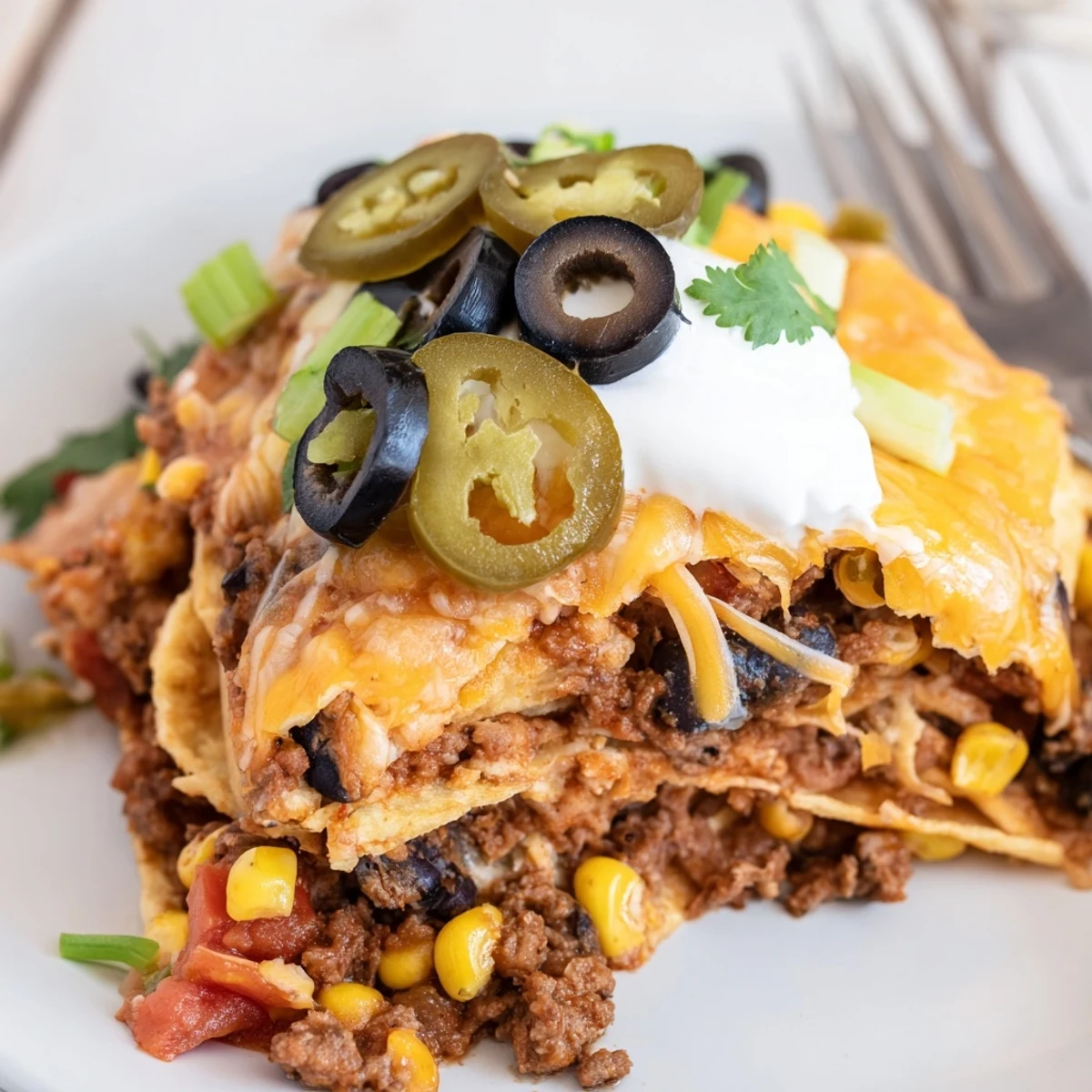 Warm, gooey casserole served with sour cream and salsa Cheesy Nacho Casserole