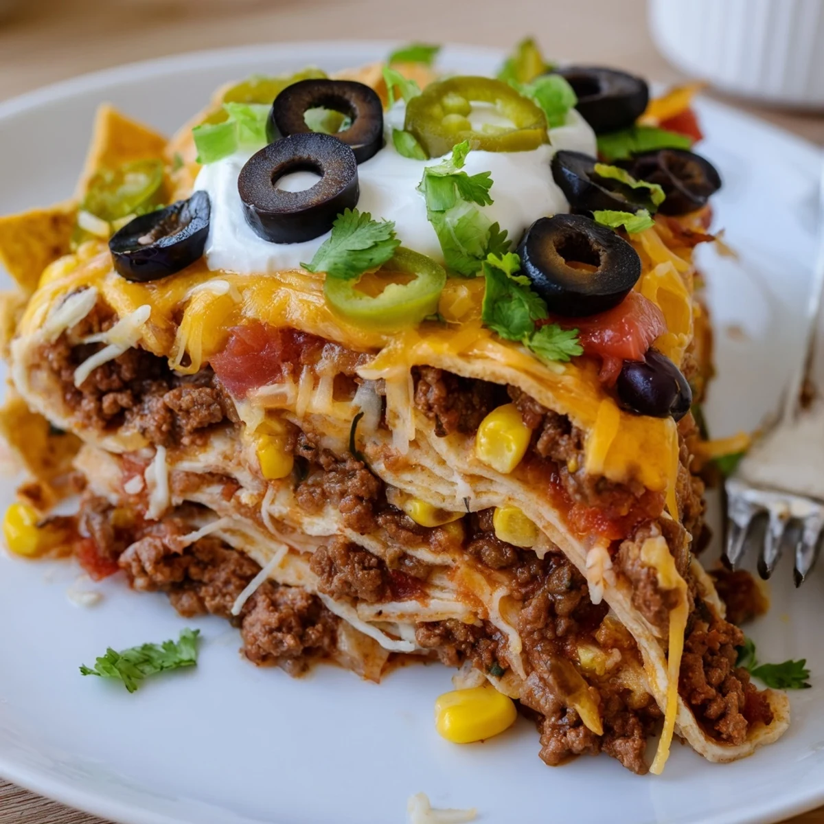 Cheesy Nacho Casserole layered with seasoned beef, black beans, zesty tomatoes
